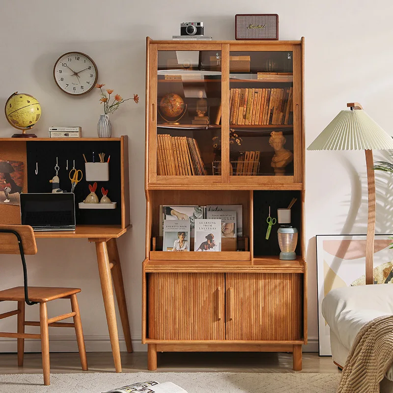Solid wood bookcase Floor-to-ceiling bookcase Glass bookcase with door Dust-proof locker File cabinet