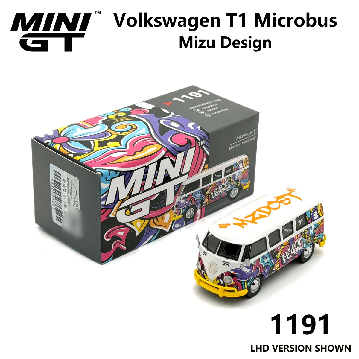 Versandfertig: MiniGT 1191 1:64 VW T1 Microbus Mizu Design Graffiti Peace Livery LHD Druckguss-Modellbus auf Lager MGT01191