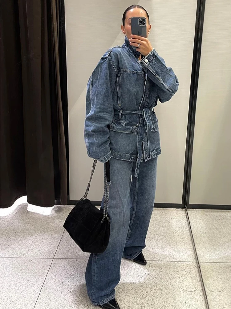 

HH женские джинсовые комплекты брюк с отложным воротником и длинными рукавами, пояс, осенние пальто + карманы, свободные брюки с высокой талией на молнии и подшивкой