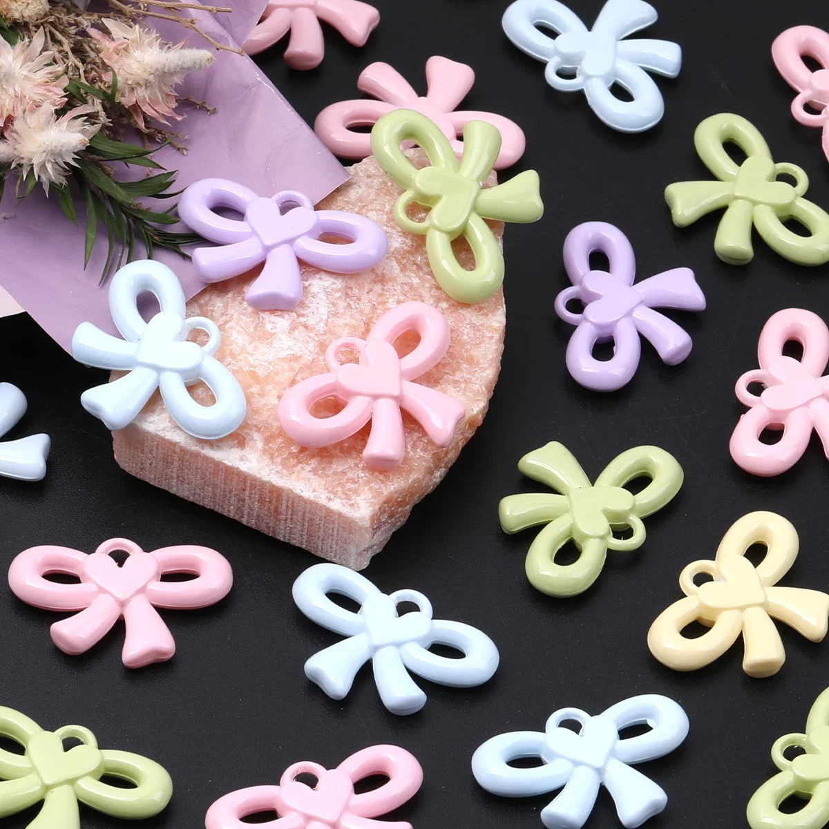 20/40pcs Random Color 33*23mm Heart Bow Acrylic Loose Beads DIY Decor Pen Bracelet Craft Supplies