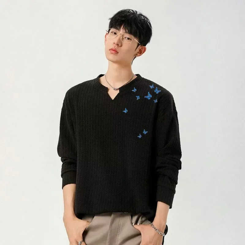 Men Textured Long Sleeve T Shirt Notch V Neck Butterfly Embroidery Loose Lazy Style Casual Top for Spring Autumn