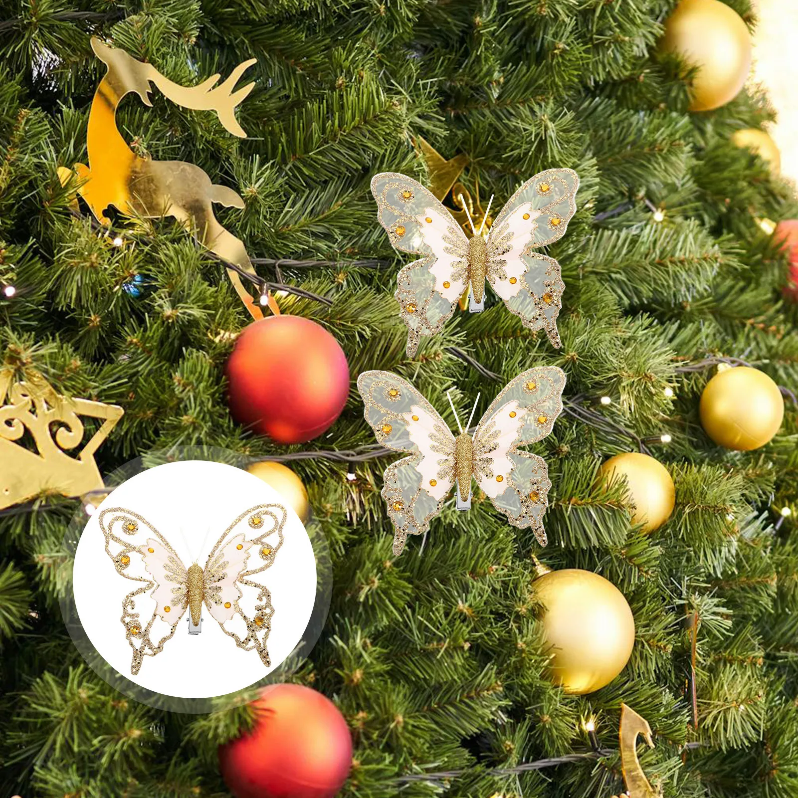 

3Pcs Glitter Monarch 3D Butterflies Christmas Tree Hanging Decorations for Floral Arrangements Wedding Wreath Crafts