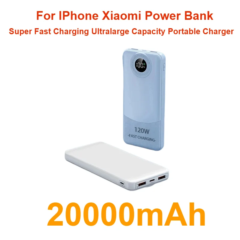 

For IPhone Xiaomi Power Bank 120W Super Fast Charging Ultralarge Capacity Portable Charger Type-C External Battery 20000mAh