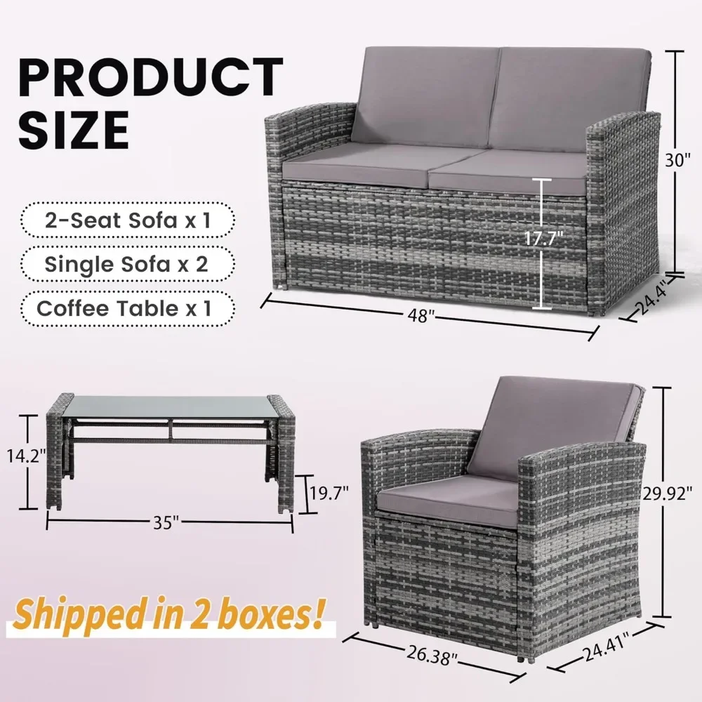 Conjunto de conversa para pátio de 4 peças, móveis de vime para exterior, sofá, 2 cadeiras e mesa de centro