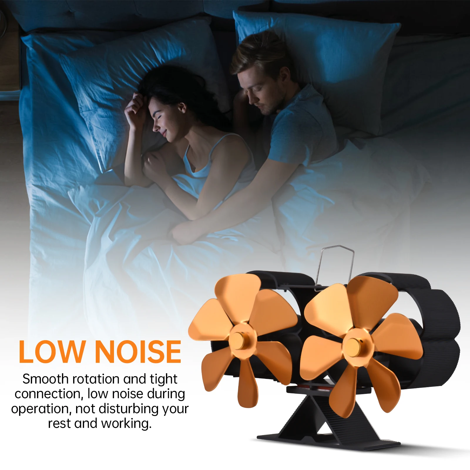 Dual Head 6 Blade Heat Powered Stove Fan with Carrying Handle and Overheating Protection Portable Heat Fan