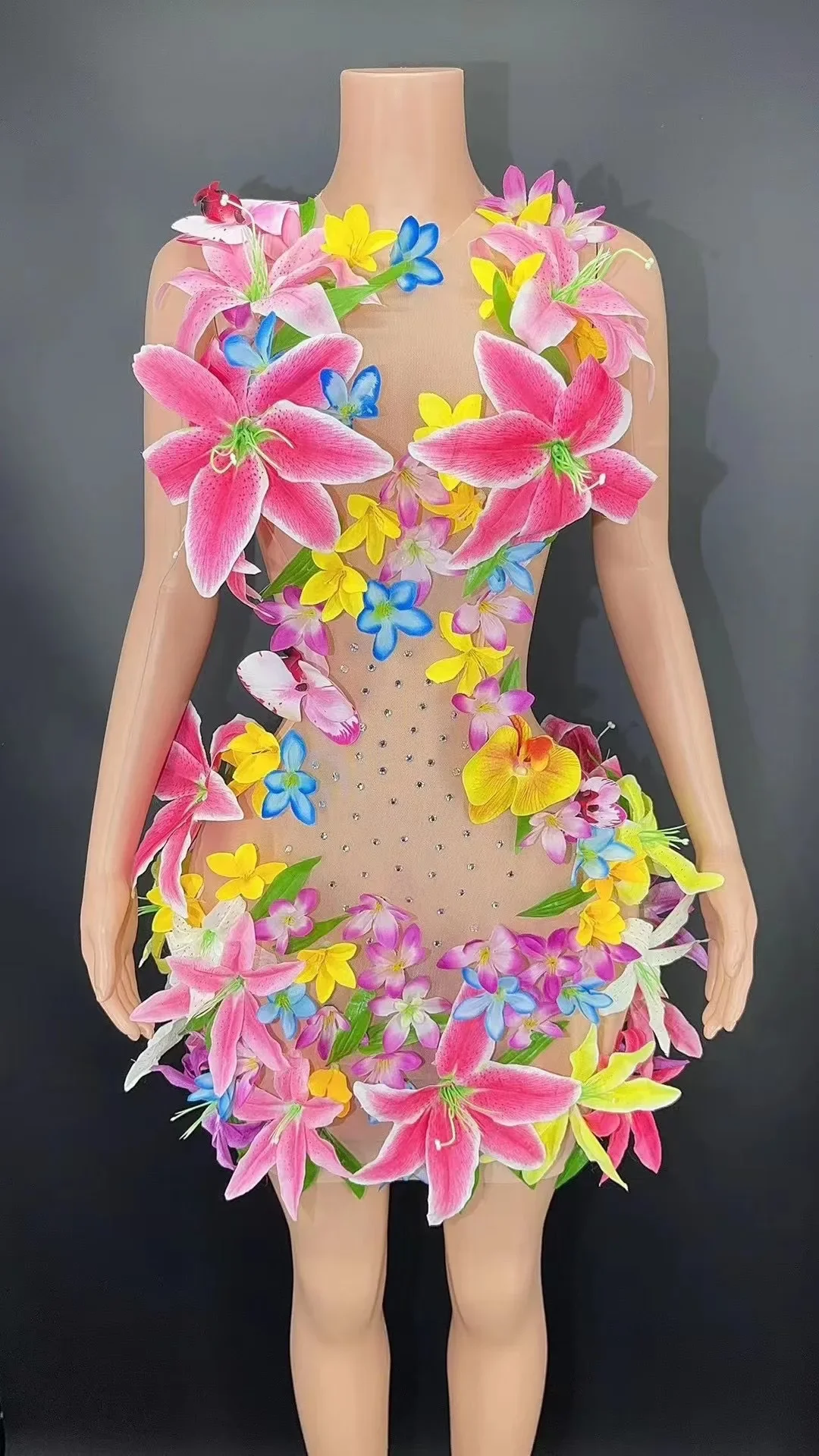2024 neue Designer Sexy Mesh Cut Out Durchsichtig Blumen Kurzes Kleid Party Promi Geburtstag Nachtclub Sänger Frauen Kleidung