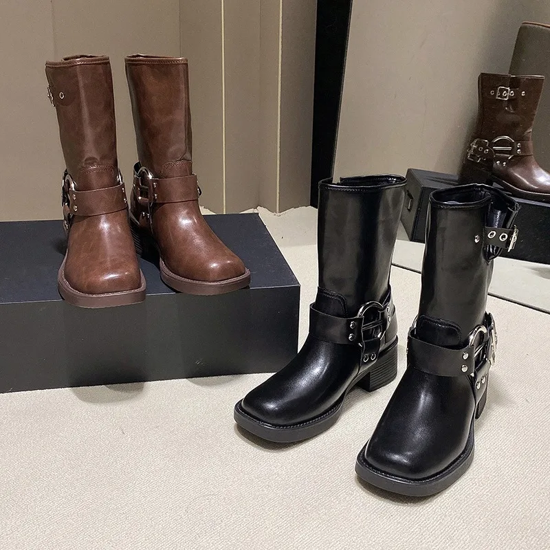 New Trend Women Boots Retro Brown Belt Buckle Women's High Boots Western Cowboy Boots Fashion Temperament Boots Botas Para Mujer