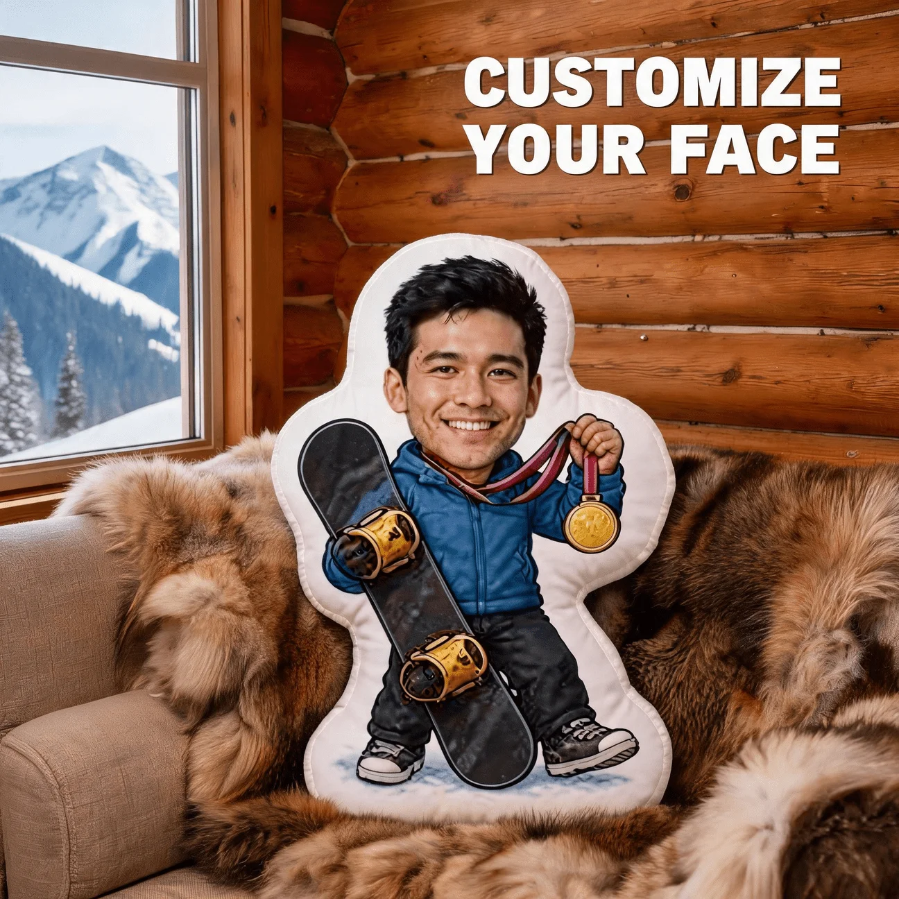 Custom Photo Shaped Pillow, Personalized Skateboarder with Golden Medal Decorative Cushion, Unique Home Decor Accent for Sofa An