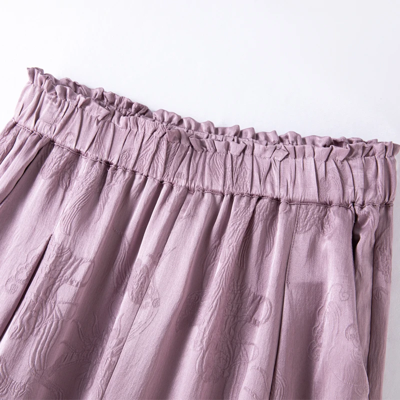 2025 Damesmode Kleding 100% Natuurlijke Moerbei Zijde GuanLe Satijn Geurige Taro Paars Hoge Taille Casual Wijde Pijpen Broek
