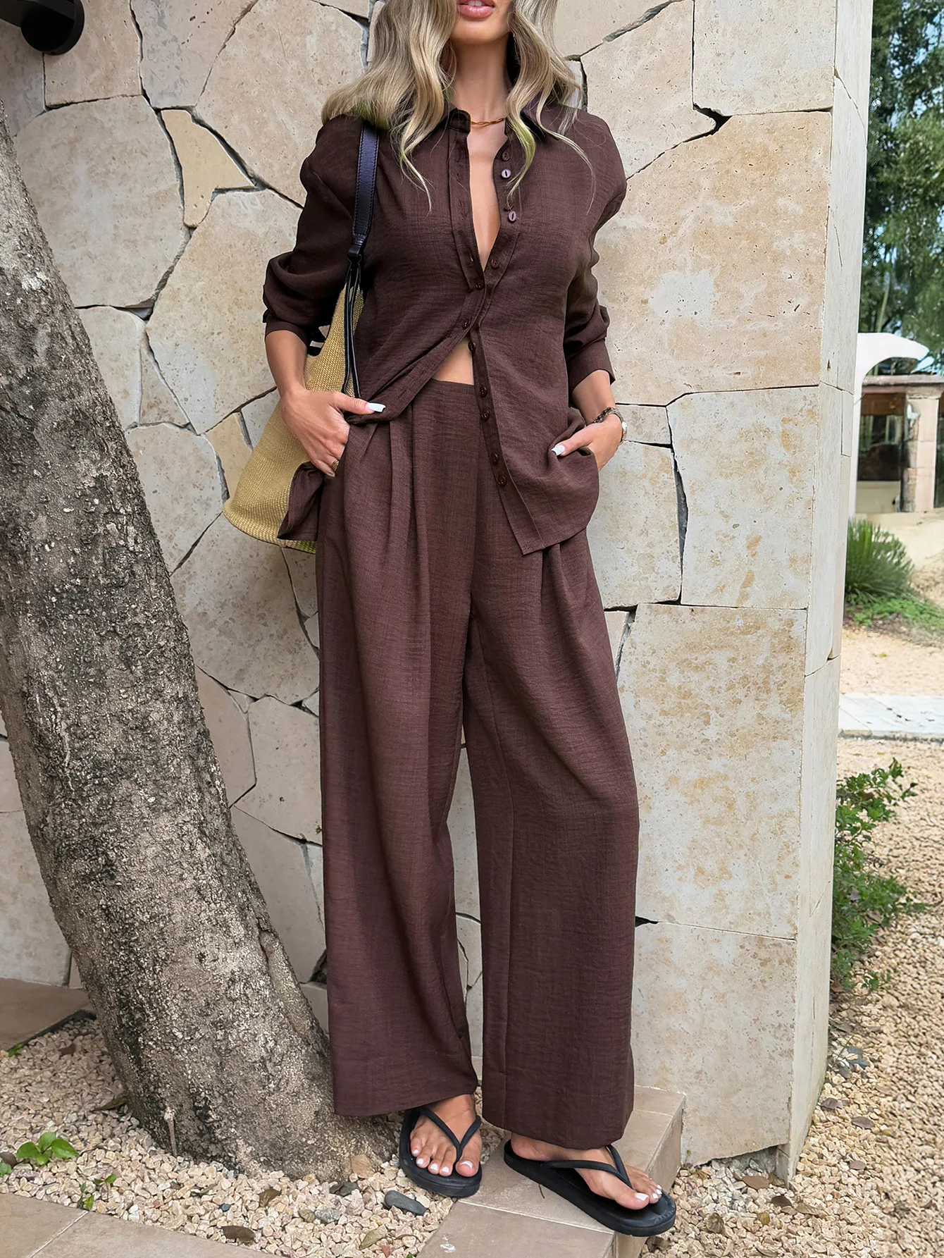 

Two Piece Pants In Stock, Casual Vacation, Loose and Comfortable Shirt Top&high Waist and Wide Leg Set, Women's Clothing