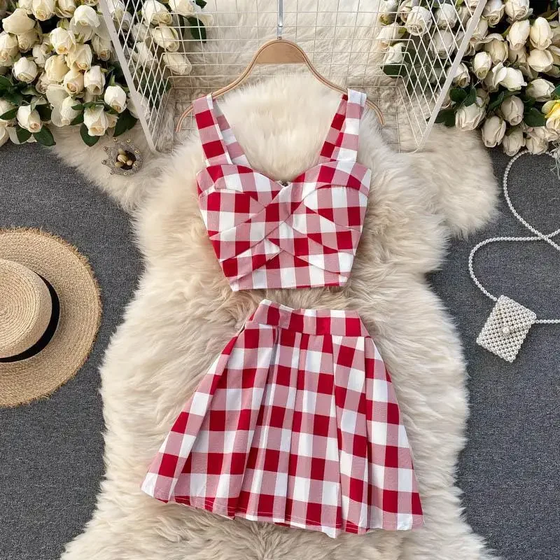 

2026 Summer New Fashionable Sweet Small Checkered Set V-neck Strap Top and High Waist Pleated Short Skirt Two Piece Set