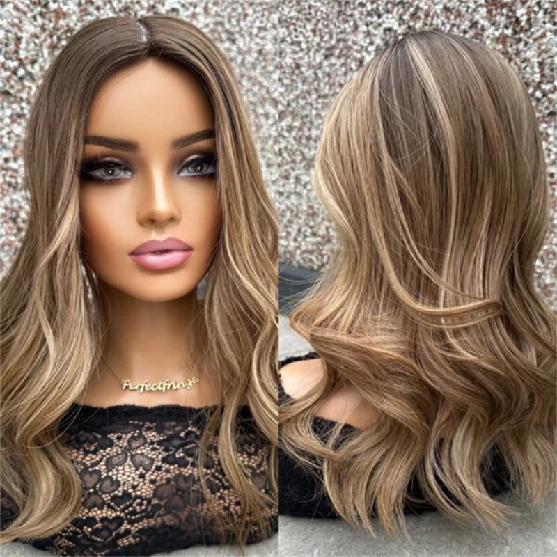 

Ombre Blonde Brown Highlights Synthetic HD Lace Front Wig with Roots Natural Glueless Preplucked Hairline Premium Women's Wig