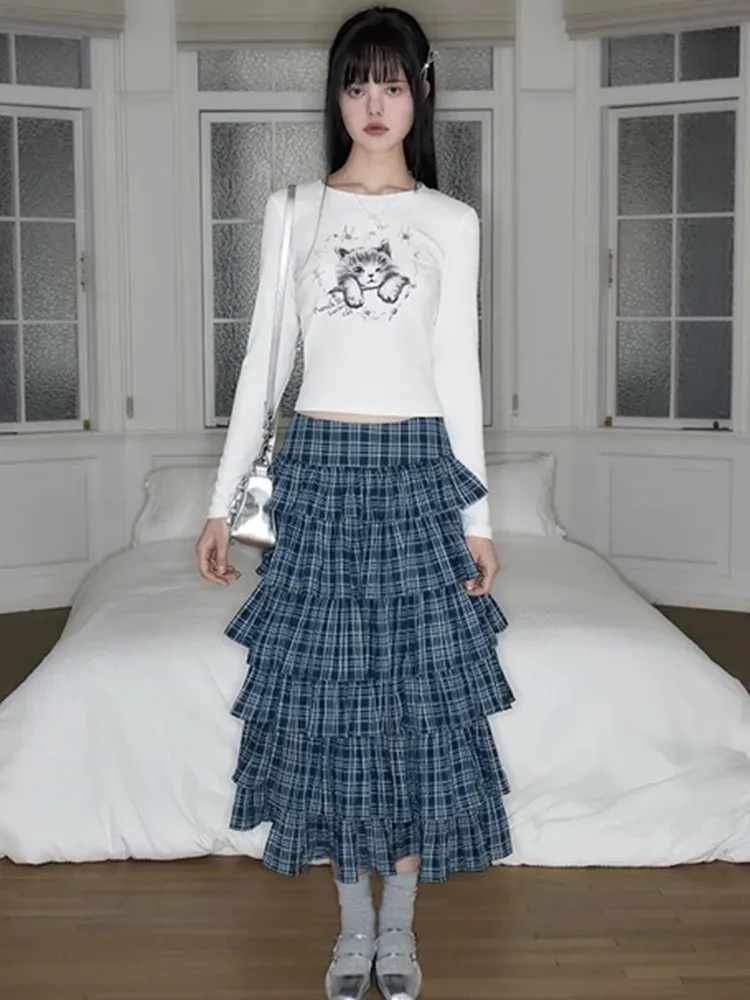 Tonngirls Vintage Rok Vrouwen Geruit Lange Baljurk Streetwear Gotische Hoge Taille Rokken 2000S Japenses Cake Jurk Herfst Mode - afbeelding 2