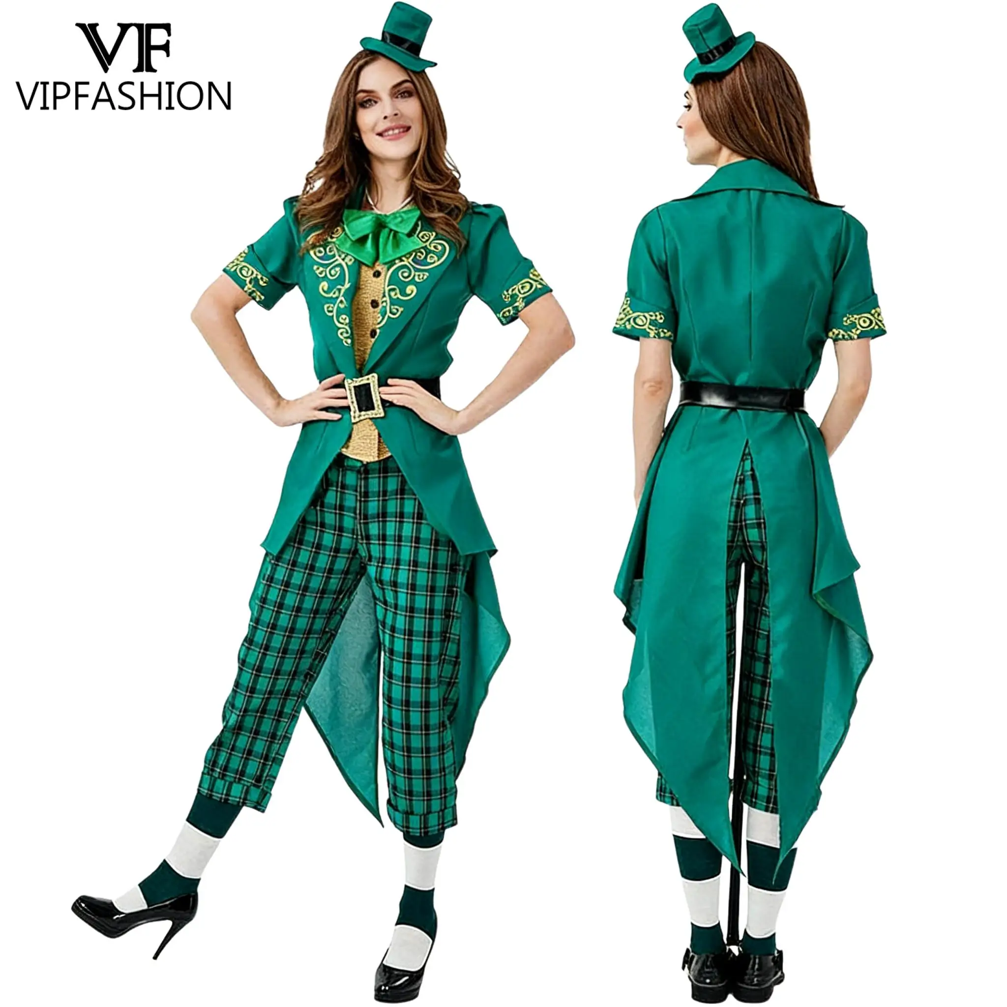 

VIPFASHION Women St. Patrick's Day Leprechaun Costume Green Plaid Tailcoat Outfit Irish Festival Party Suit Halloween Fancy Set