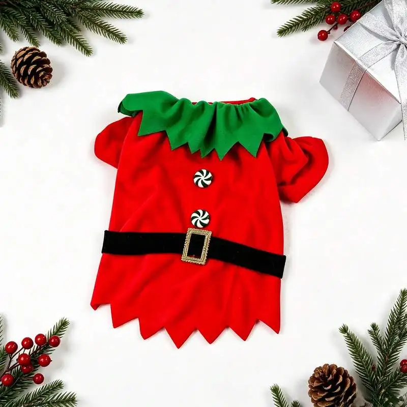 Ein T-Shirt für Hunde, ein weihnachtliches Elfen-T-Shirt mit Knöpfen, weihnachtliche Haustierkostümkleidung. – Detail 7