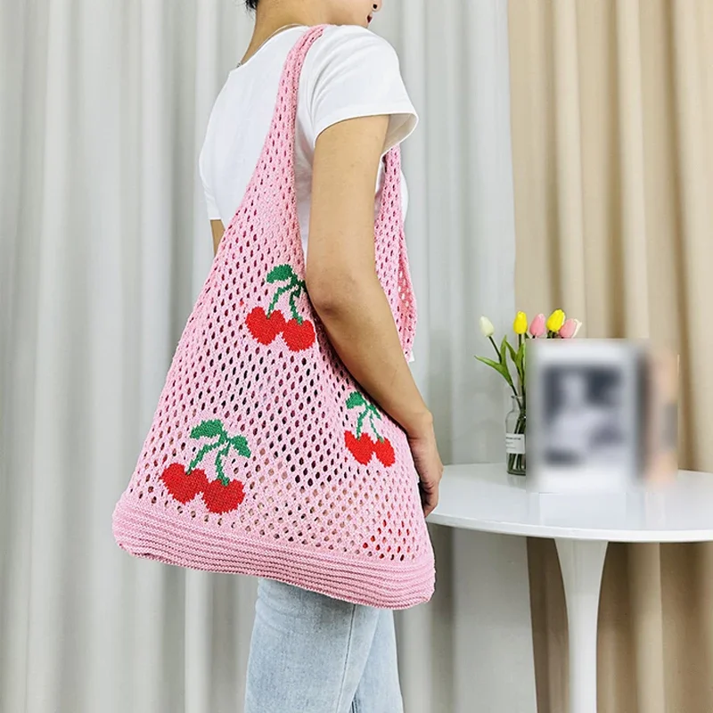 

Women Cute Strawberry Cherry Pattern Crochet Tote Bag Casual Handbag Trendy Bag All-Match Bag for Daily Office Use Knitting Bag