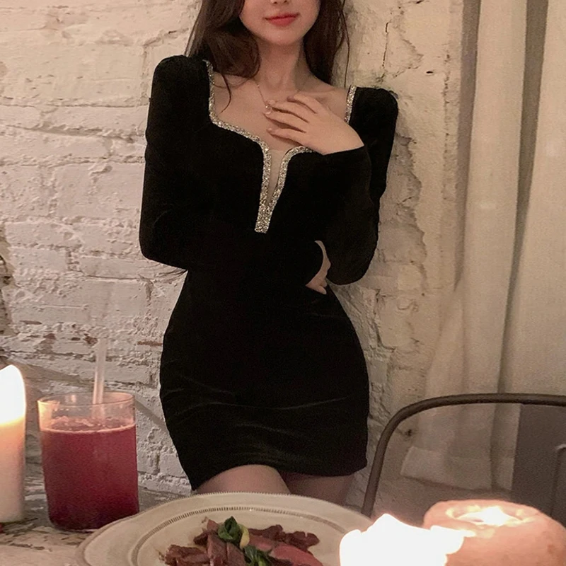 

Sexy Bla Velvet Dr for Birthday Par Engagement ort Wrap Bodycon High Waist Diamond Resin Deep V Ne Long Sve Dr