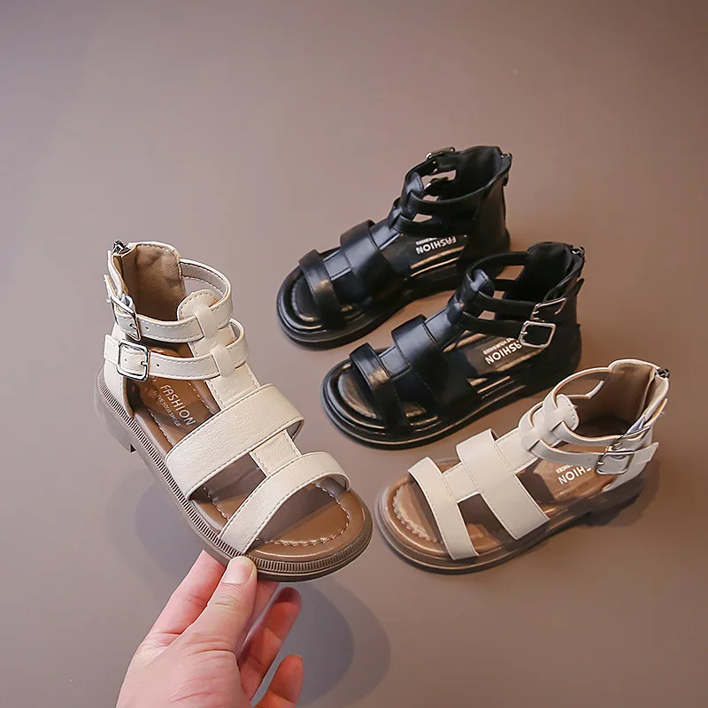 

2024 Summer New Baby Girls Sandals Solid Color Children's Casual Beach Shoes Girl High Top Back Zipper Kids Flats Shoes