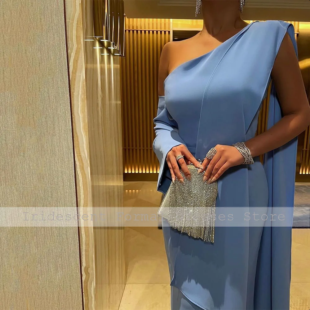 여성용 라이트 스카이 블루 이브닝 원피스, 숄 바닥 길이, 정장 파티 드레스, 원 숄더 칼럼, 우아한 이브닝 가운