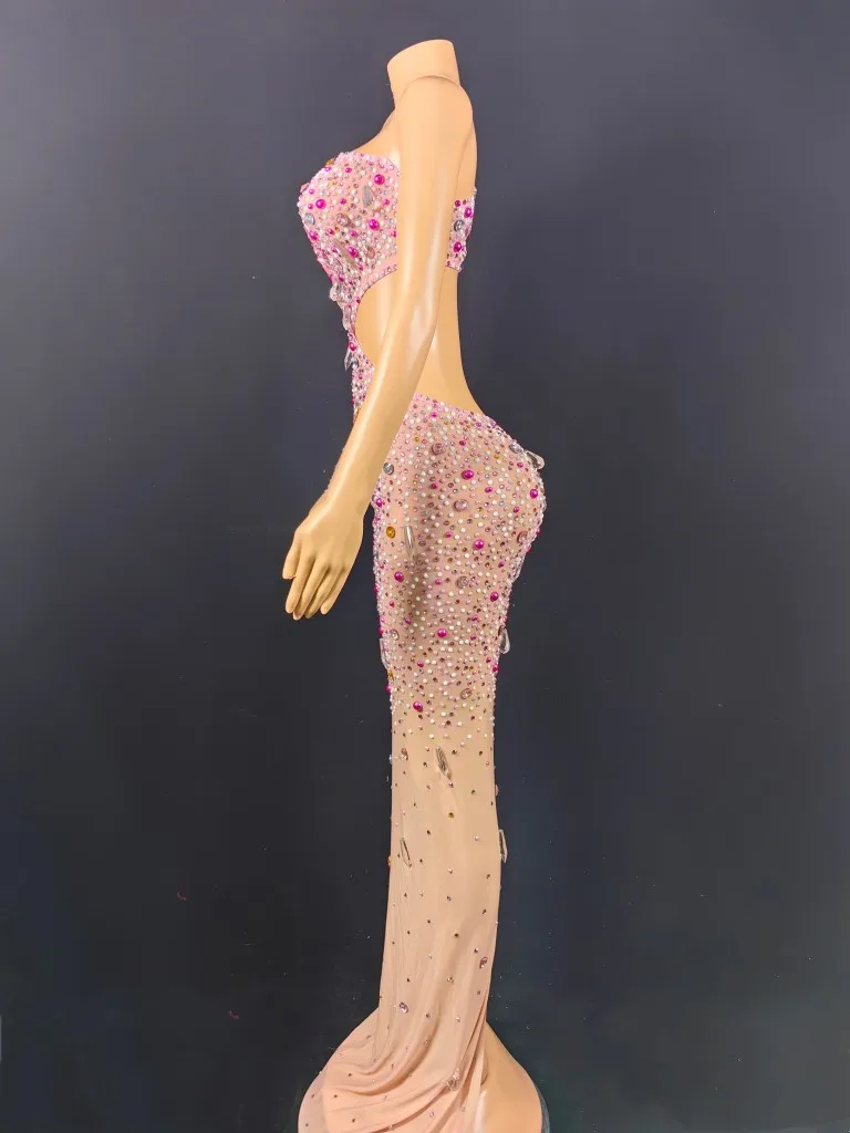 Trajes de palco de luxo feminino único manga longa cortar pérolas miçangas cravejado cristal spadex longo elástico vestidos de festa à noite