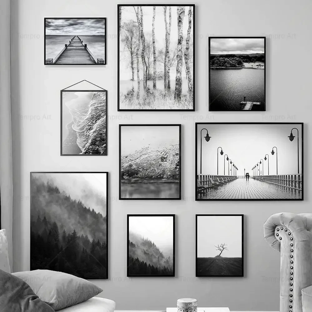 Póster de lienzo con paisaje de puente de olas en el bosque nevado en blanco y negro, impresiones de arte de pared nórdico, imágenes para la sala de estar y el hogar