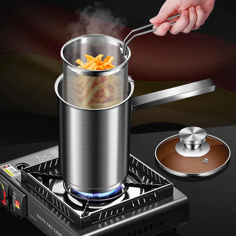 

304 Stainless Steel Deep Frying Pan Household Small Fryer with Strainer Heightening and Deepening Fuel-Saving Tempura Pot