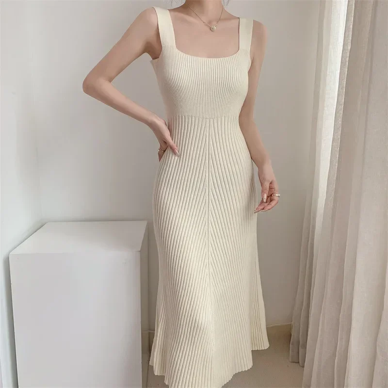 

French Elegant Slim Knit Women's Dress Spring Summer Cardigan With Sling Vest Skirt Korean Solid Color Casual Midi Party Dresses