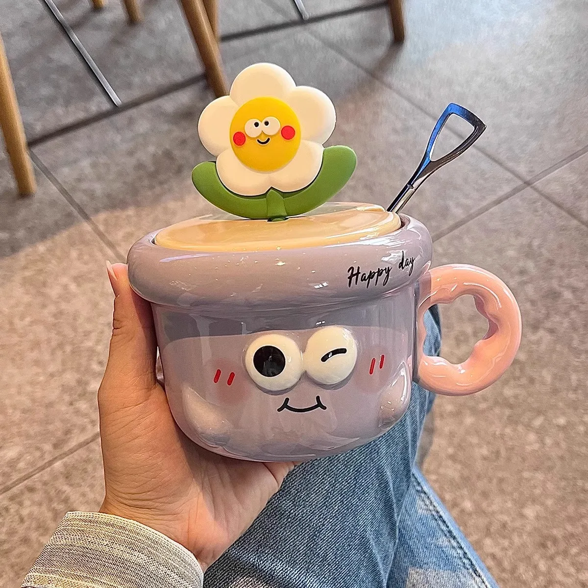 

Cute Potted Plant Mug With Lid Spoon, High-Value Appearance Cup, Couple'S Water Cup, Ceramic Household Breakfast Cup