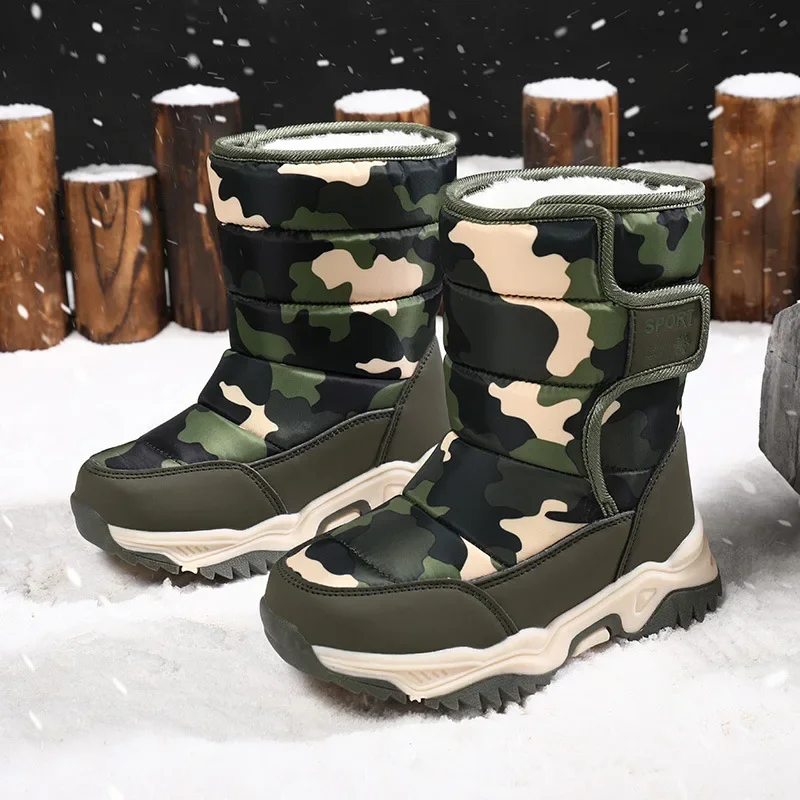 Kids Warm Boots Children Thick Bottom Winter Snow Boots Boys Girls Camouflage Padded Cotton Shoes High Top Velcro Comfort Boots