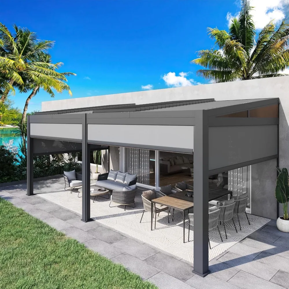

10x20 Louvered Pergola with Screen, Wall-Mounted Adjustable Pergola, Lean to Aluminum Gazebo
