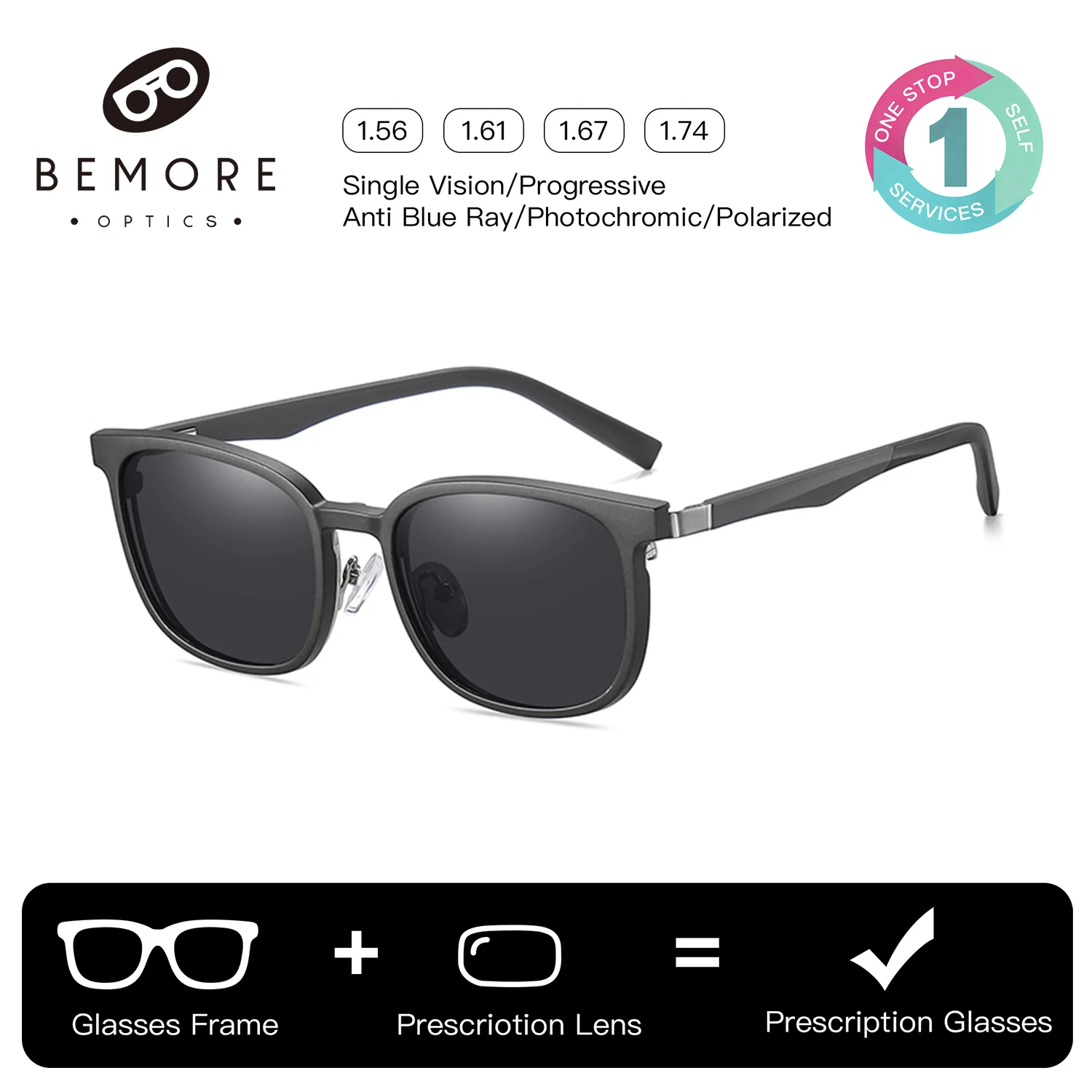 BEMORE Custom Square Clip on Polarized Sunglasses Ultralight Metal Blue Light Filter Multifocal Prescription Eyeglasses