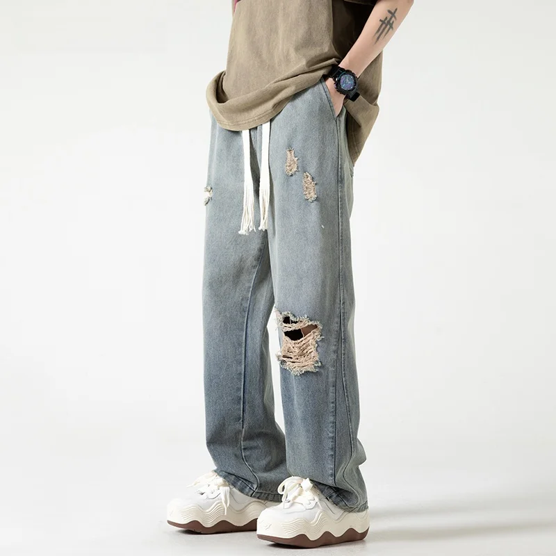 

ProteusBoy American Retro Hip Hop Waed Casual Straight Leg Dstring Wide Leg Jeans Tear Hole Distred Denim Pants