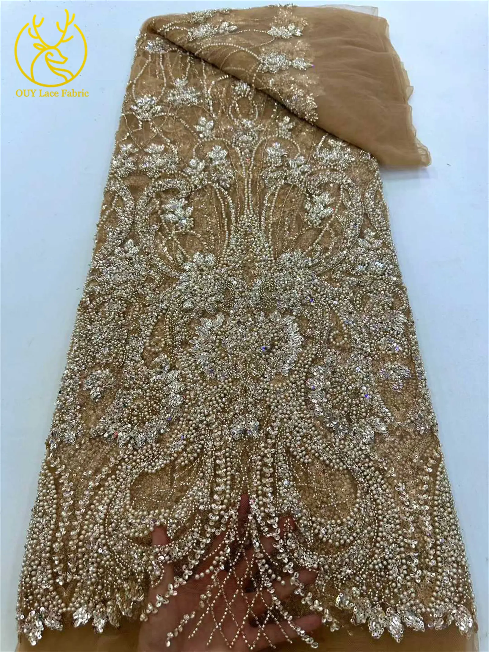 2026 Eleganter, hochwertiger afrikanischer nigerianischer Perlen-Spitzenstoff, luxuriöses französisches Pailletten-Netzgewebe, 5 Yards für Damen-Abendkleider und Partys – Detail 11