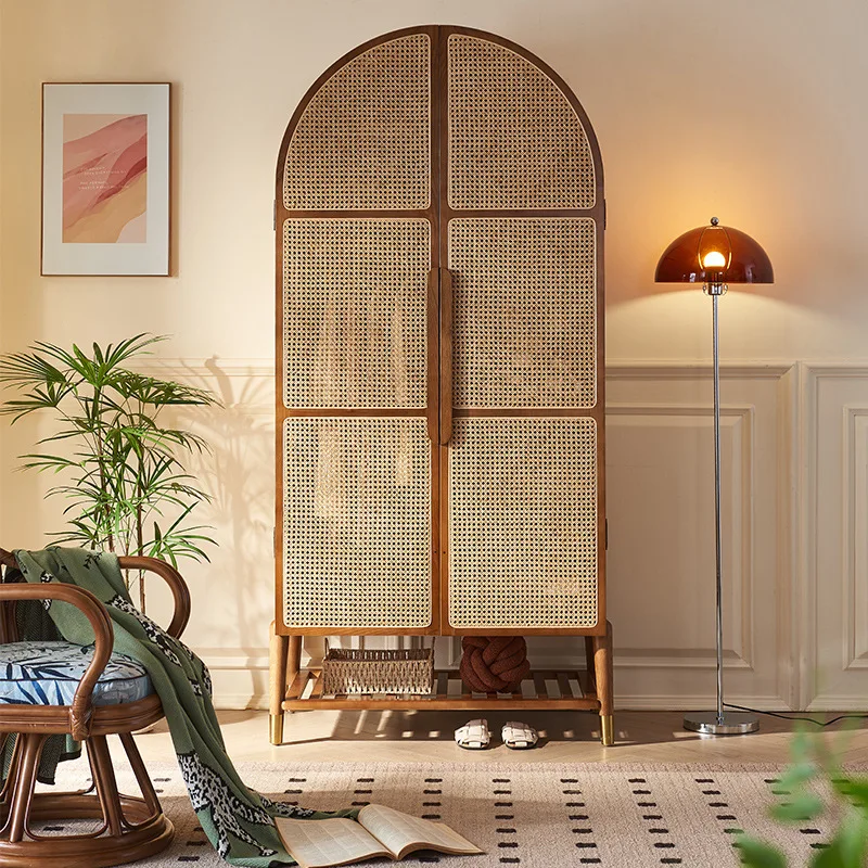 

Wabi-**** wind rattan art creative wardrobe modern simple solid wood cabinet bed and breakfast bedroom multi-functional wardrobe