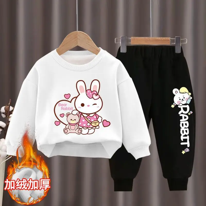 New Winter Fleece Girls Set Cotton Cartoon Sets Kids Long Sleeve Sports Shirts + Pants Suits 2-10Y Children‘s Clothing Rabbit