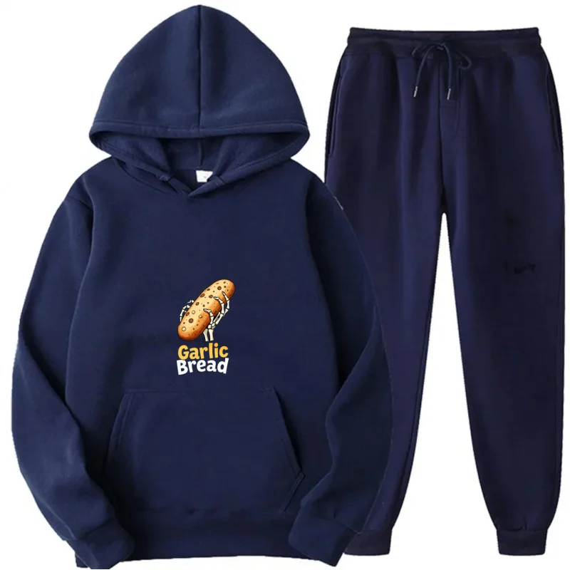 طقم هوديي رمادي بنمط ونص مطبوع عليه خبز الثوم