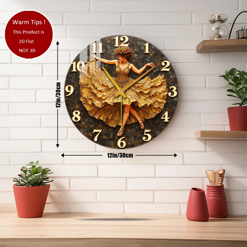 Tempered Glass Wall Clock Dancing Woman Mosaic Clock Dress Suitable For Wall Decor or Tabletop Display Anywhere