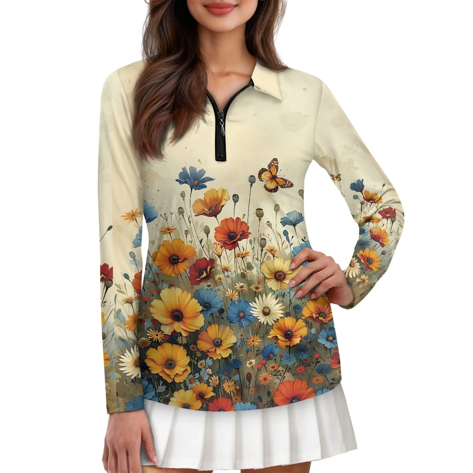 PENSTROLL Floral Butterfly Womens Long Sleeve Golf Polos Shirts Athletic Fit Golf Shirts for Women for Golf Course