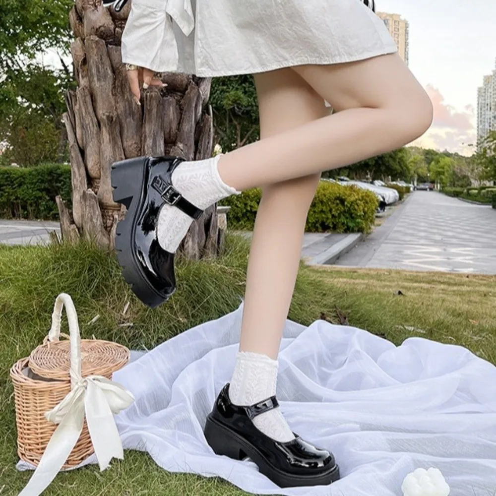 メリージェーン ロリータ JK レザーシューズ 光沢/マット PUレザー カジュアル シングルシューズ アンクルバックル ロリータ ブラック ハイヒールシューズ ガールズ