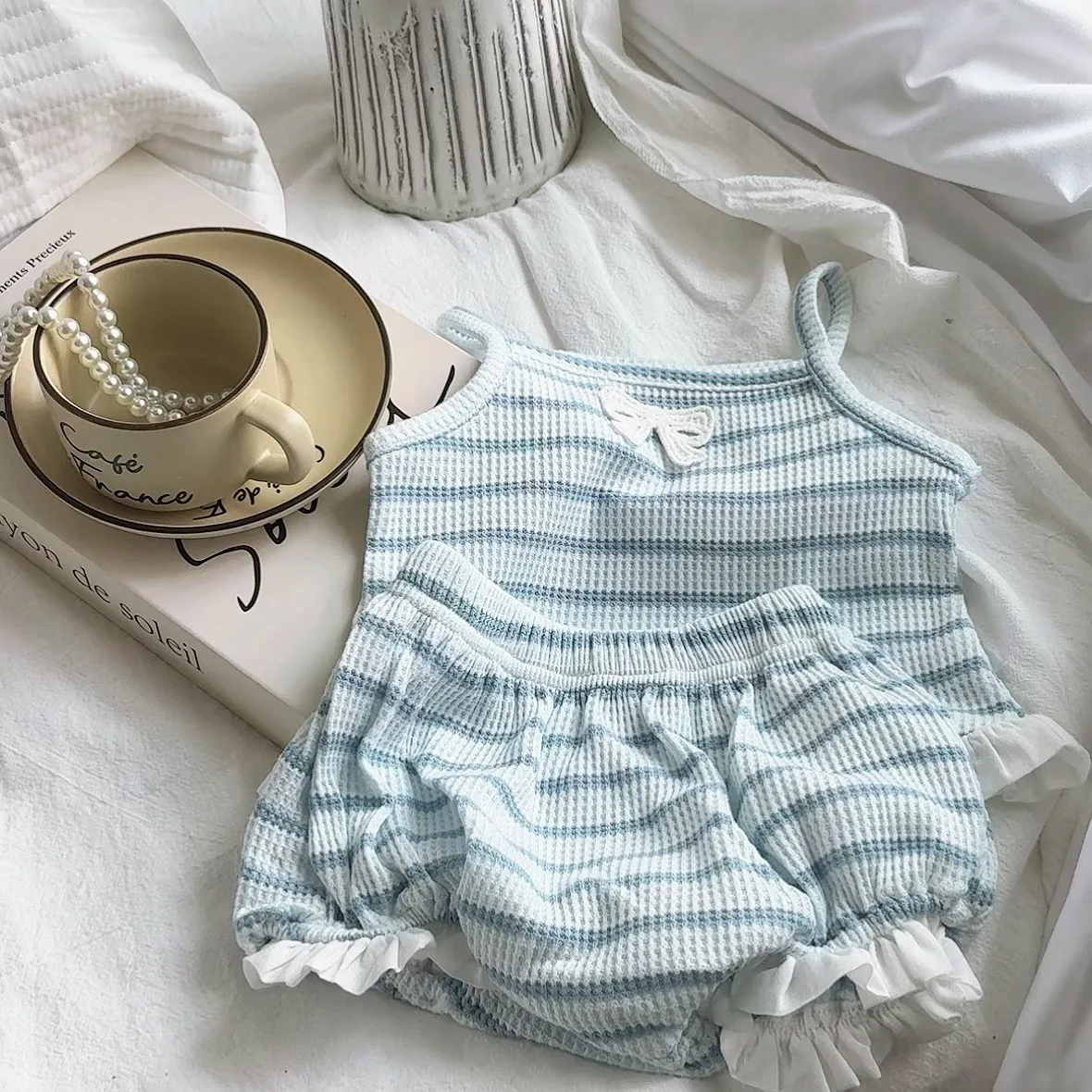 TZ2602 Korean Version Summer New Girls' Comfortable and Breathable Waffle Classic Striped Fashion Trend Cute Bow Tie Set