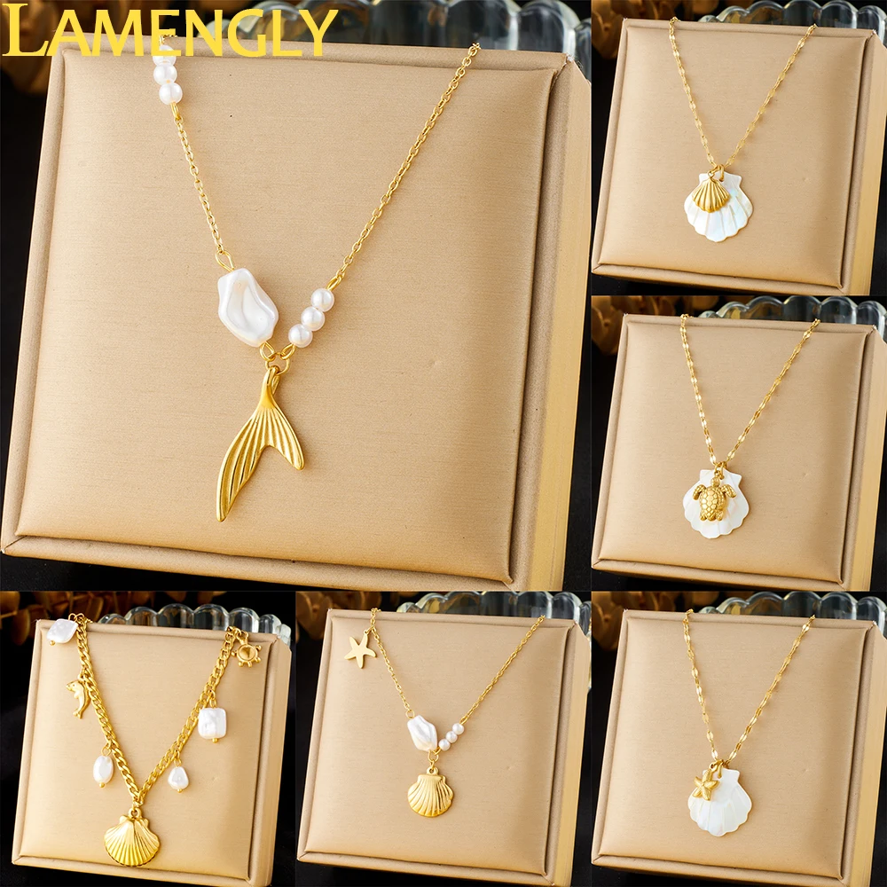 

LAMENGLY 316L Stainless Steel Classic Ocean Style Pearl Shell turtle Whale Tail Pendant Necklace For Women Glamorous Neck Chain