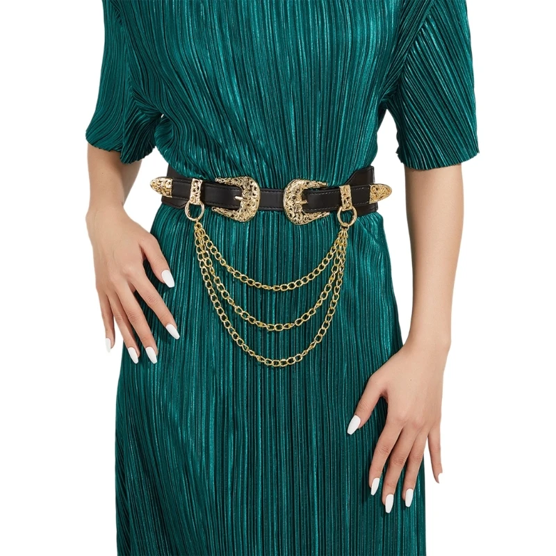 

Hot Girls PU Belt with Dangle Chain Decors Waist Belt Fashion Enthusiasts Belt Coat Dress Female Wide Formal Waistband