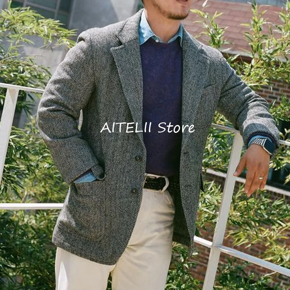 

Men's Jacket Suits Herringbone Fabric Suit Jackets Casual Blazers for Man Two Buttons Elegant Sack of Man Clothes Fashion Blazer