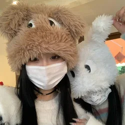 Cute Cartoon Puppy Hat for Women Korean Girl Sweet Big Eyes Plush Cap Winter Warm Outdoor Pullover Hats Fashion Knitted Caps