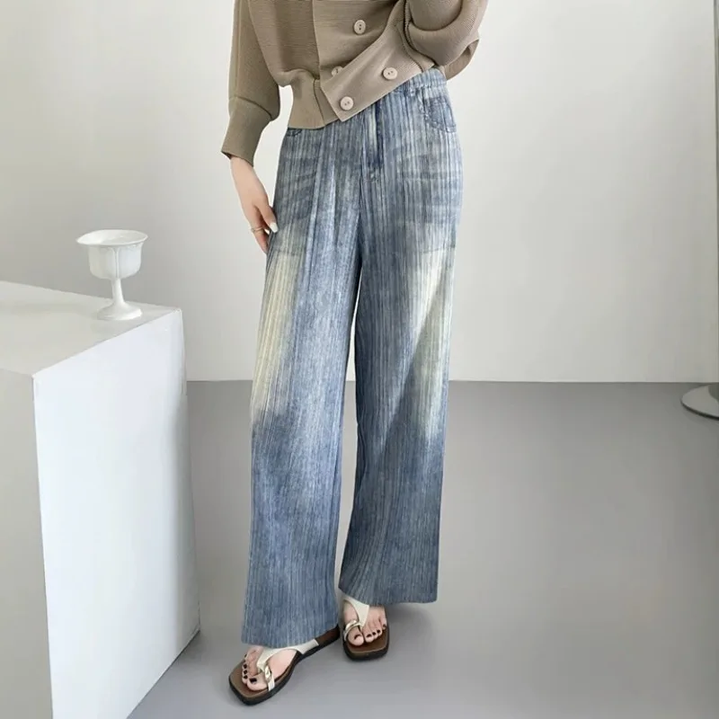  Pleated Faux Denim Straight Pants 2026 New Simple Casual Elegant Fashion High Waist Draped Women's Stretch Wide Leg Pants