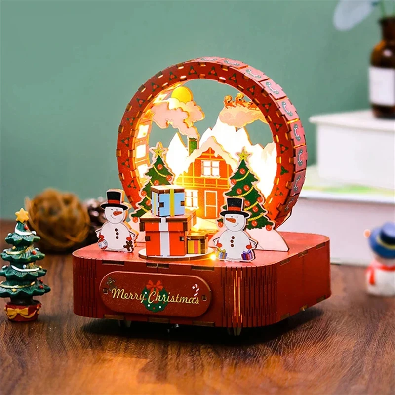 

OUZEY Wooden Miniature DIY Building Kits Christmas Music Box Moving Carousel Casa Dollhouses for Friends Birthday Gift