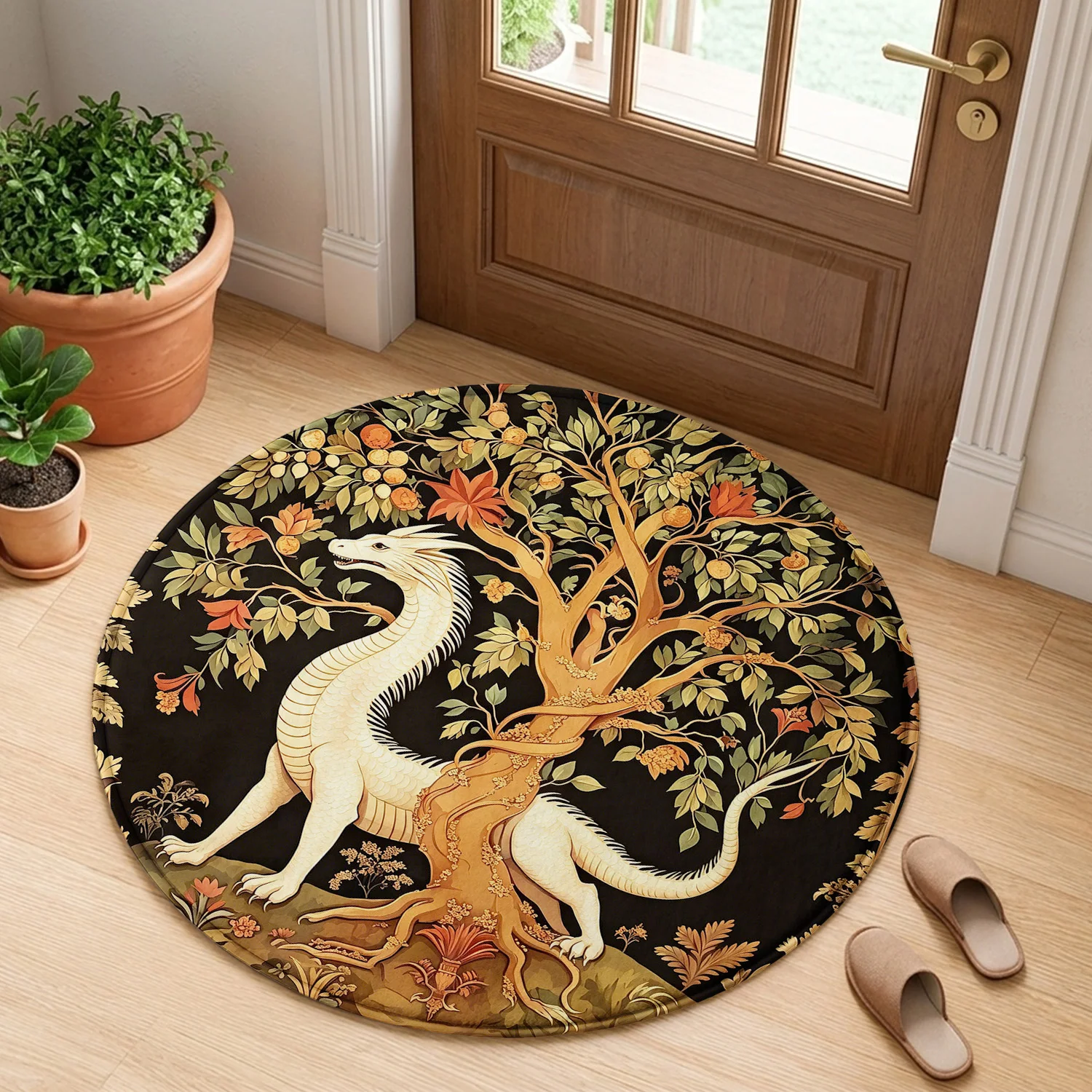 Vintage Dragon Tree of Life Round Rug - Medieval Tapestry Style Circle Floor Mat for Living Room Bedroom Home Decor