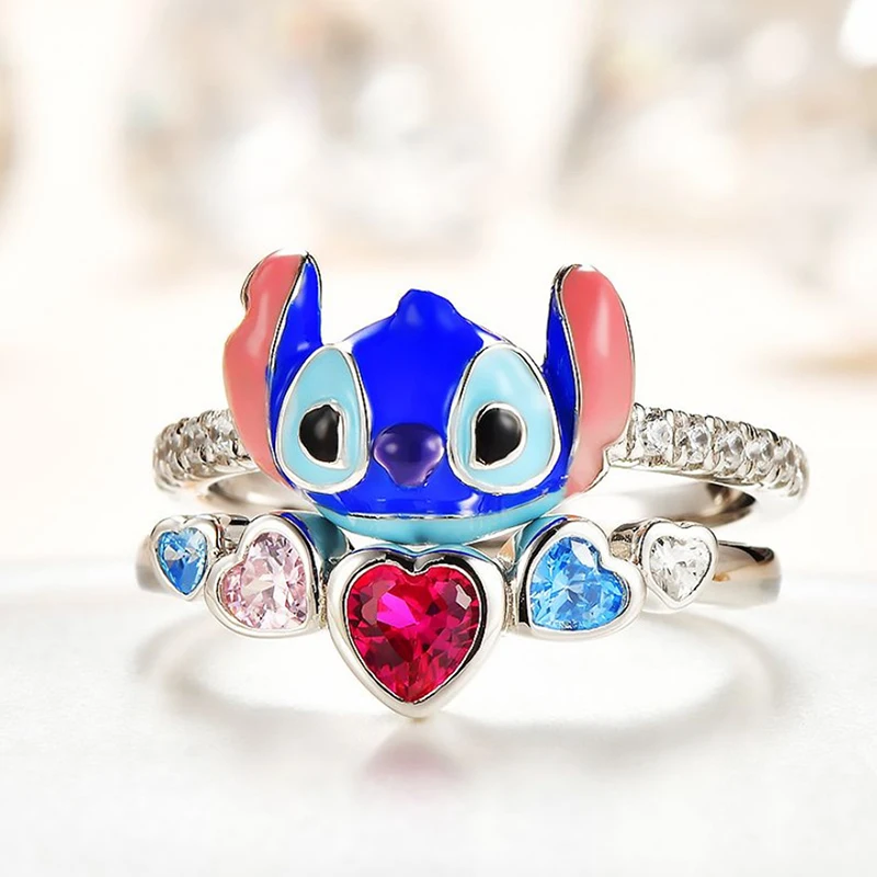 Disney Cute New Cartoon Lilo & Stitch Rings Women Girl Fashion Anime Jewelry Accessories Clear Crystal Angel Ring Kid Party Gift