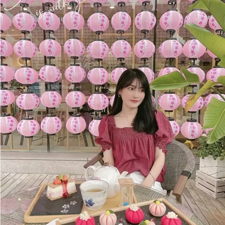 

New round Sakura Lantern Pink Outdoor Waterproof Decorative Advertising Event Winter Gourd Silk Cloth Printed Japanese Style
