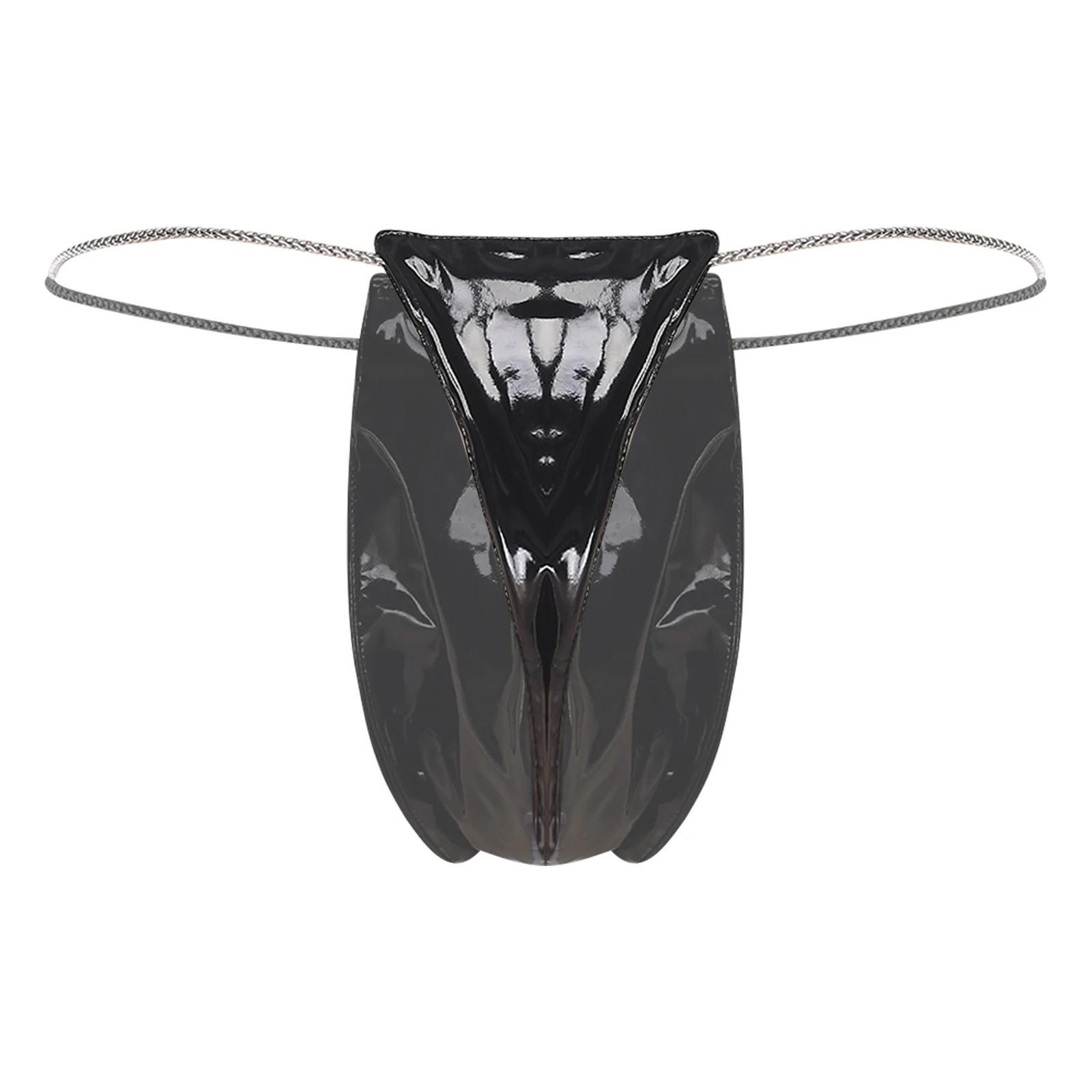 Lencería para hombre, bragas de fiesta para discoteca, Raves, tiro bajo, Tanga Sexy, ropa interior, cadena de Metal, cintura brillante, PU, bolsa para bulto, Micro calzoncillos